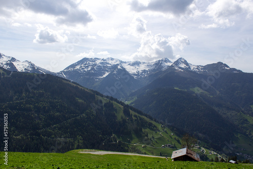 green grass alpine valley Mont Blanc mountain massif landscape
