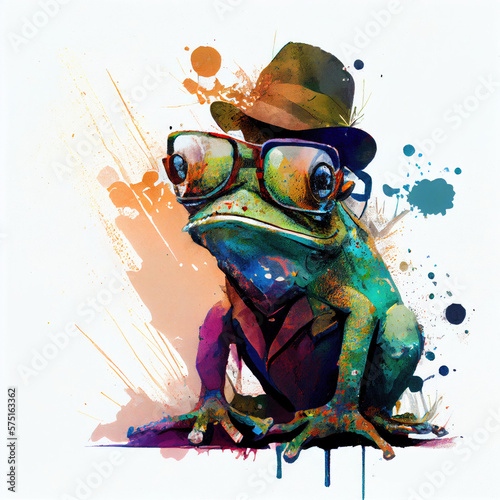 Frog wearing a hat and glasses, watercolor, illustration