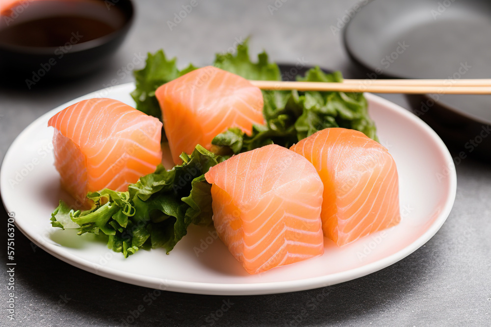 Appetizing fresh raw salmon fillet placed on sushi roll with rice served with broccoli and salad on black plate against bowls Appetizing fresh raw salmon fillet placed on sushi roll with rice served with broccoli and salad on black plate against bowls