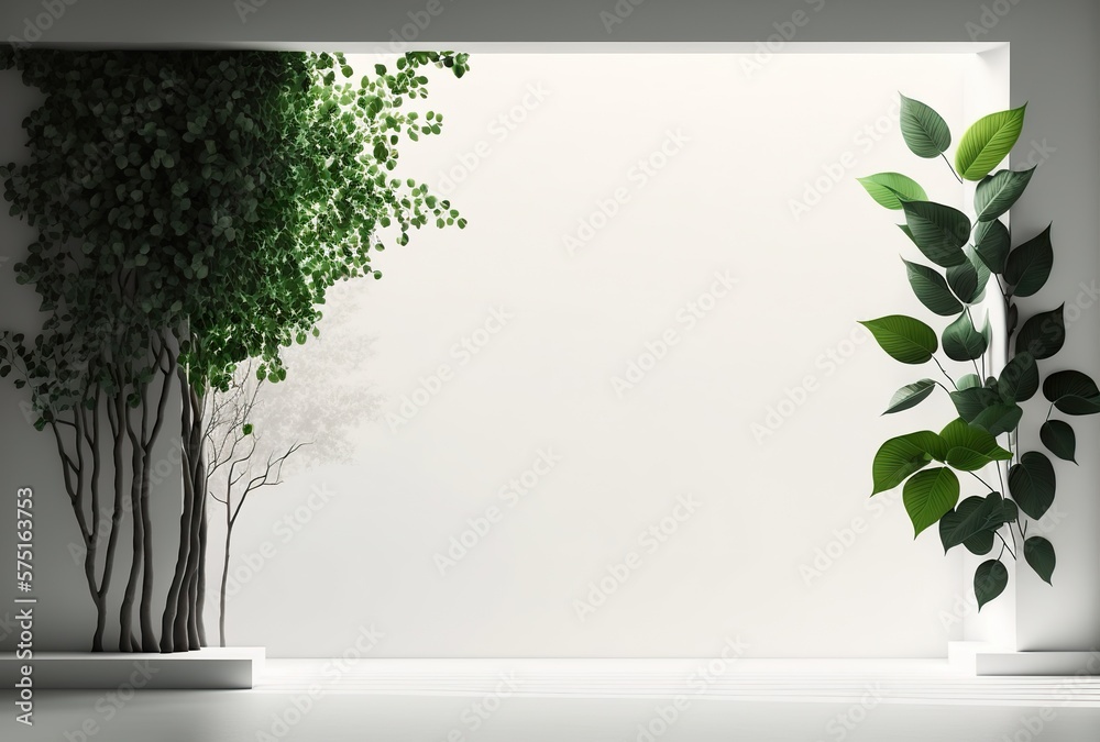 Obraz premium Mockup mit freier Wandfläche im Flur als Hintergrund. Ideal als Präsentation für Produkte wie Poster, Gemälde, Leinwände oder Wandbilder. Leerer Rahmen für Fotos - KI generiert
