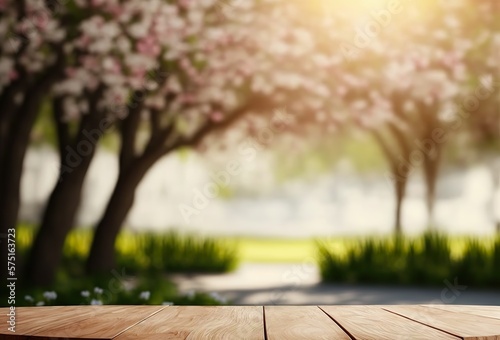 Mockup Holzbrett Oberfläche im Garten mit Blick auf die Kirschblüte im Frühling. Grüne Bäume mit unscharfem Hintergrund. Lebensmittel, Gewürze oder Haushalt. Freier Platz.