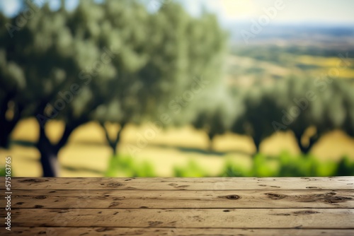 Mockup of wooden table or planks of a panorama banner for product presentation. Green meadow with beautiful trees in the blurred background. Template for products, prototypes and presentation designs.
