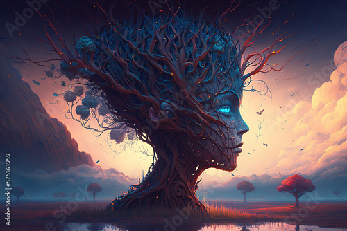 Fantasy mystical and divine sentient yggrasil tree in shape of a human head. God concept art. Religious mythology. Generative art
