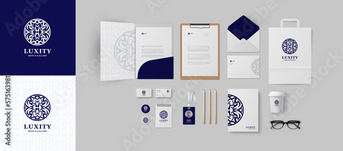 Corporate identity premium branding design. Stationery mockup vector template for business and respectable company. Based on vintage luxury blue logo folder and A4 letter, visiting card and envelope.