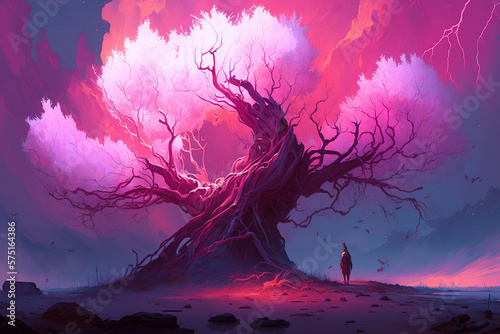Pink Mystical yggrasil tree electric branches mystical. Generative art photo