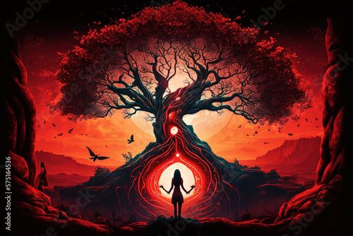 woman silhouette meditating infront of a large sentient yggdrasil tree aof life. Generative art photo