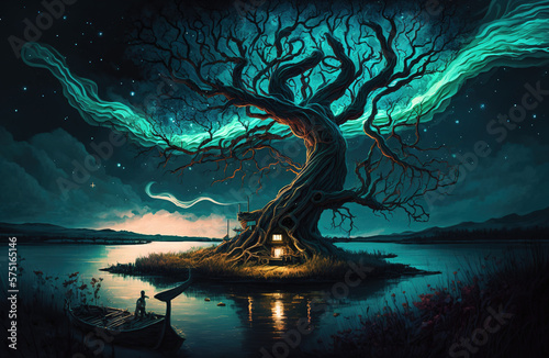 Mystical yggdrasil tree with electric branches under the nothern lights sky in the middle of the lake. Generative art.