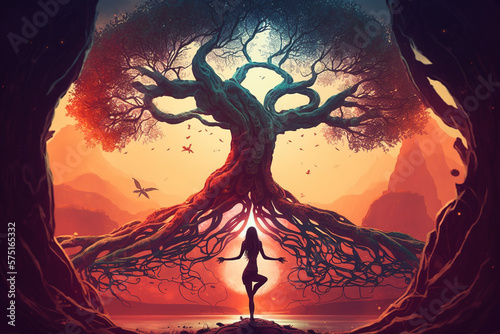 woman silhouette in yoga pose infront of yggdrasil tree of life. Generative art