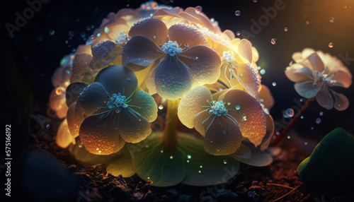 Beautiful Hydrangea Flower Glowing in the dark with sparkles in the air, magical atmosphere in a grass patch at the edge of a forest at night, abstract concept . Generative AI