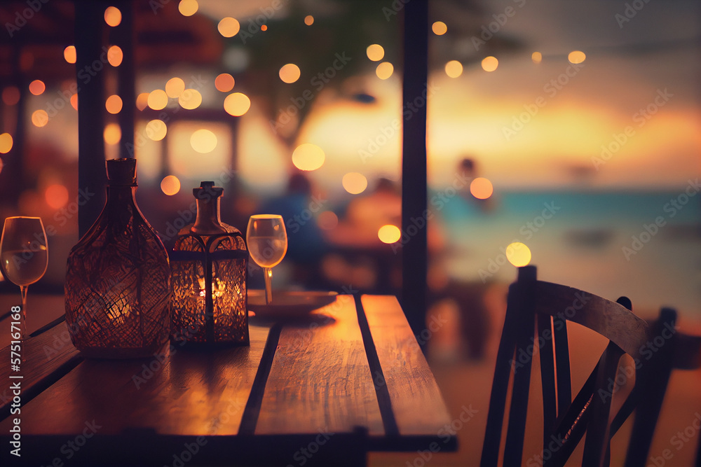 Outdoor restaurant at the beach. Table setting at tropical beach restaurant. beautiful sunset sky, sea view. Luxury hotel or resort restaurant. - obrazy, fototapety, plakaty 