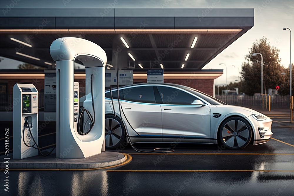 Fototapeta premium electric car being charged at a charging station, generative AI