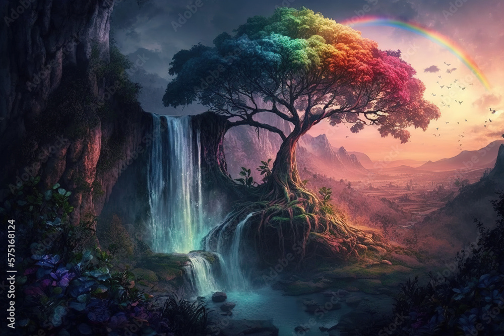 Yggdrasil tree in the middle of a beautiful garden of eden with waterfall and rainbow. Mystical and ancient Nordic mythology. Generative art