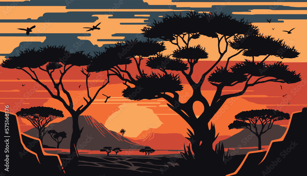Illustration African sunset vector landscape with flat colors - obrazy, fototapety, plakaty 
