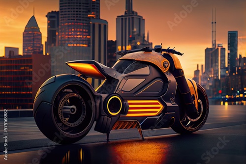 New electric and futuristic luxury motorcycle. Bright neon headlights. Generative AI. © andrenascimento
