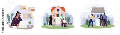 Property search abstract concept. Set of men and women choosing apartment on real estate website, checking house and concluding purchase, mortgage or rent agreement. Cartoon flat vector collection photo