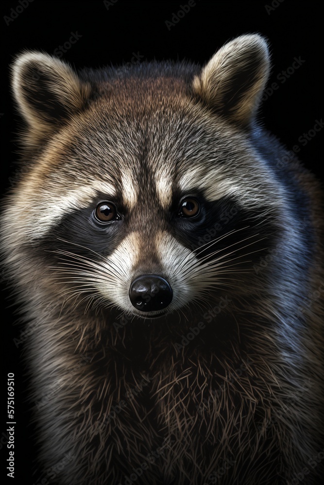 Portrait of a cute raccoon isolated on a black background illustrated using generative Ai