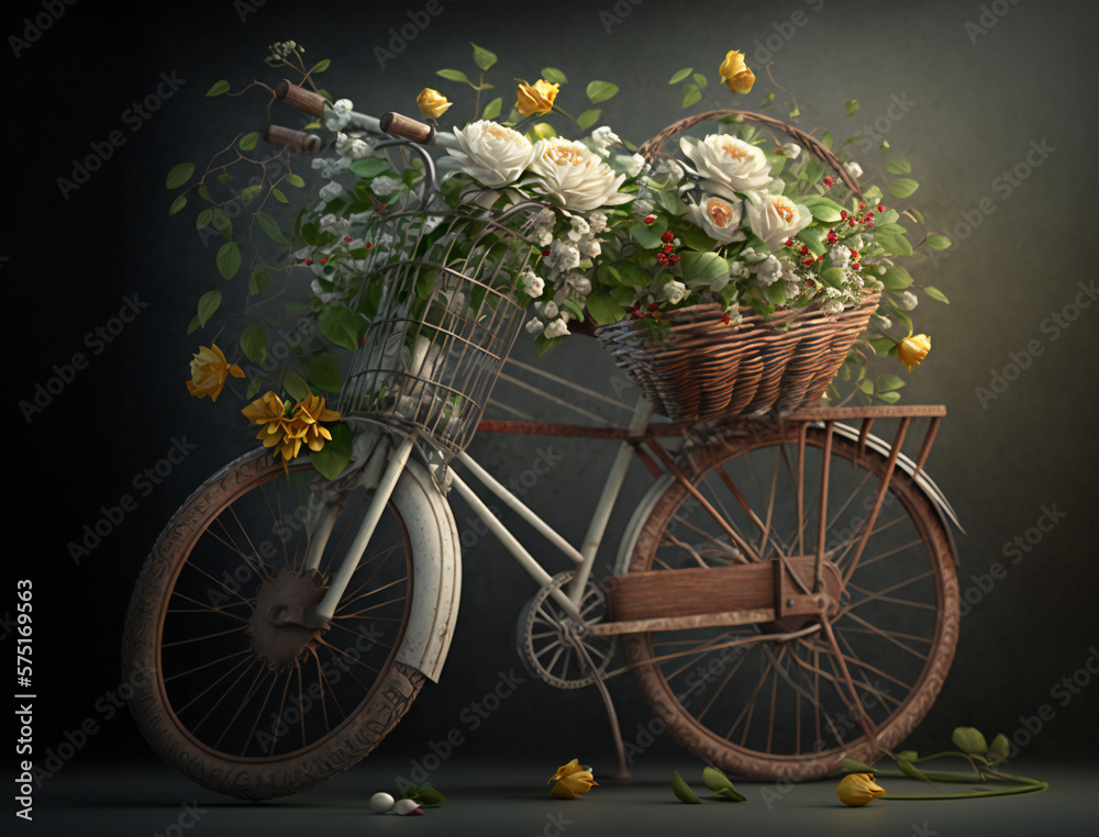 Vintage bicycle with a charming basket of colorful flowers, nostalgic and rustic design, generative AI