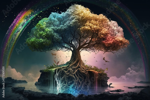 Yggdrasil tree in the middle of a beautiful garden of eden with a beautiful rainbow. Mystical and ancient Nordic mythology. Generative art