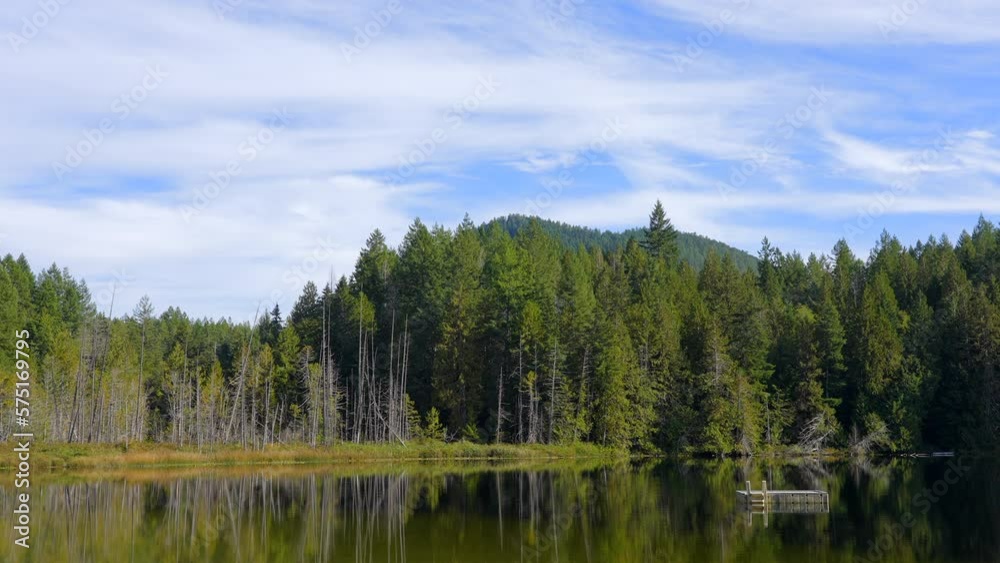 Establishing shot of lake with white clouds in Vancouver, Canada, North America. Day time on July 2022. Still camera view. ProRes 422 HQ. Establishing shot of lake with white clouds in Vancouver, Canada, North America. Day time on July 2022. Still camera view. ProRes 422 HQ.