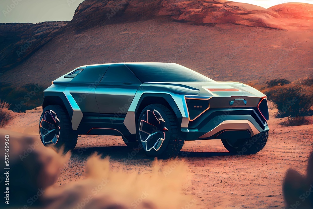 New electric and futuristic luxury SUV. Bright neon headlights. Generative AI.