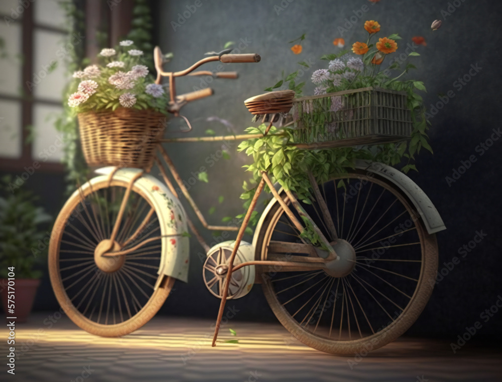 Vintage bicycle with floral basket, retro bike ride with flowers, generative AI