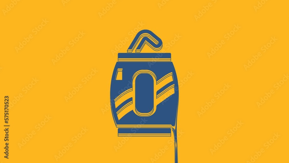 Blue Soda can with drinking straw icon isolated on orange background. 4K Video motion graphic animation Blue Soda can with drinking straw icon isolated on orange background. 4K Video motion graphic animation