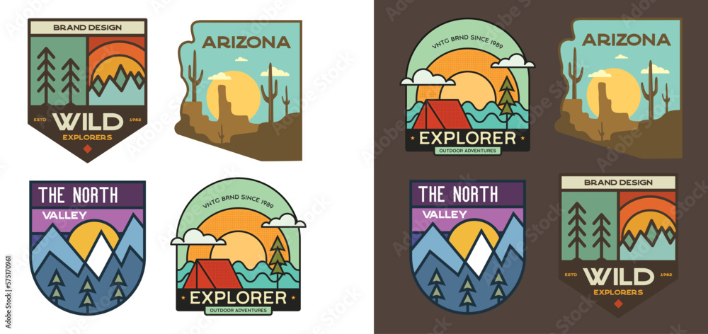 Set of retro camping badges featuring various wilderness-themed designs including mountains, forests, Arizona desert and outdoor activities. Stock vector travel labels