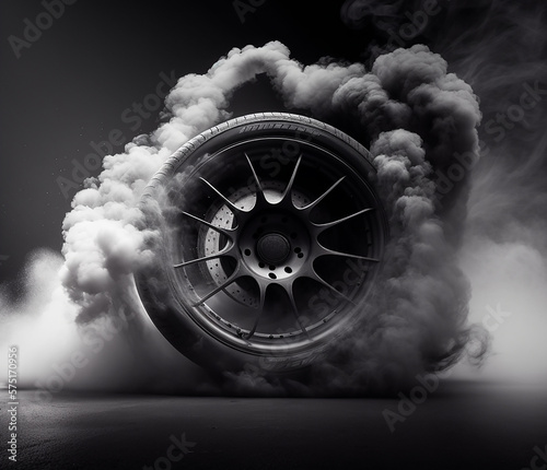 car wheel drifting and smoking on a black background, AI digital illustration