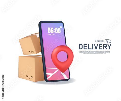Boxes are stacked on top of each other and shown on smartphone screen and there is a red buy button next to it, 3d vector isolated for delivery, logistics and online shopping concept