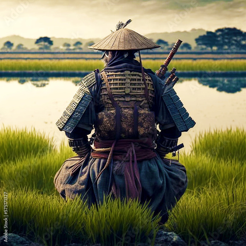 Samurai Sitting on Grass Staring at Lake (3k, Ai) photo