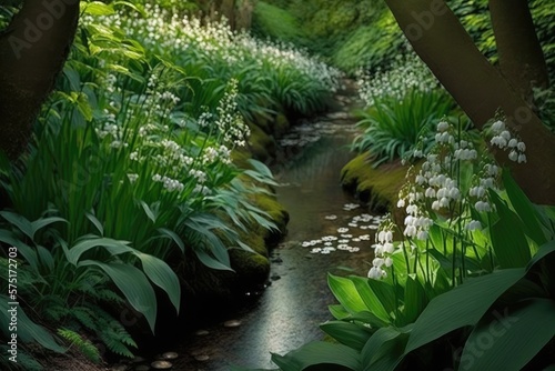 Lily of the Valley, Beautiful flowers, A tranquil garden with a babbling brook, Calm and peaceful, Serene and relaxing, Soft, natural light that filters through the trees