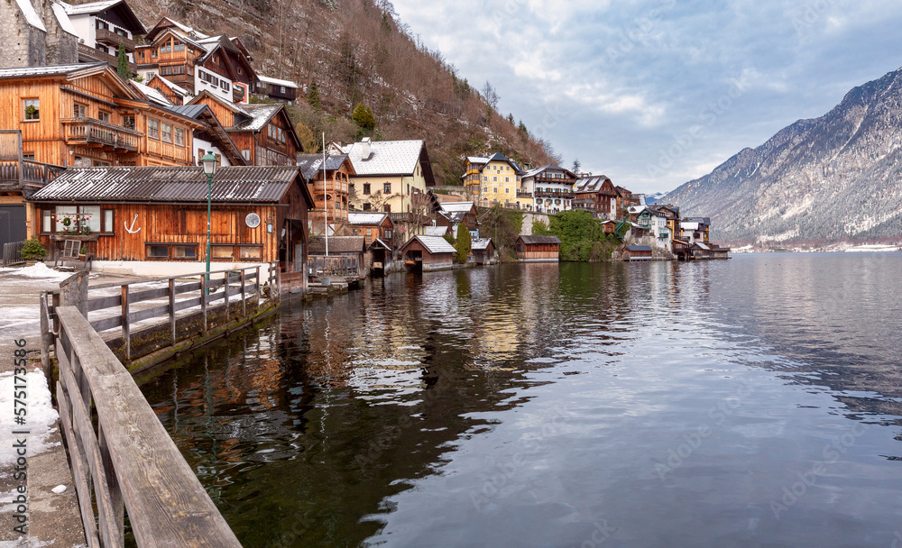 Hallstatt. Scenic view of the city and the lake at sunset.