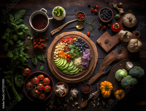 Colorful flat lay of fresh and healthy food on rustic wooden table  top view  healthy lifestyle and clean eating concept  generative AI