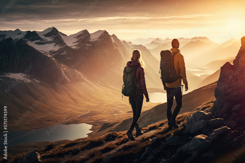 young couple hiking in a beautiful mountain range with stunning views of the sunrise, generative ai