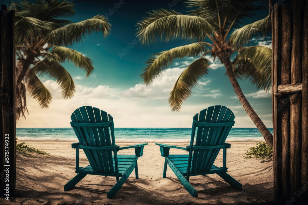 tropical beach with two chairs and a coconut palm tree, generative ai