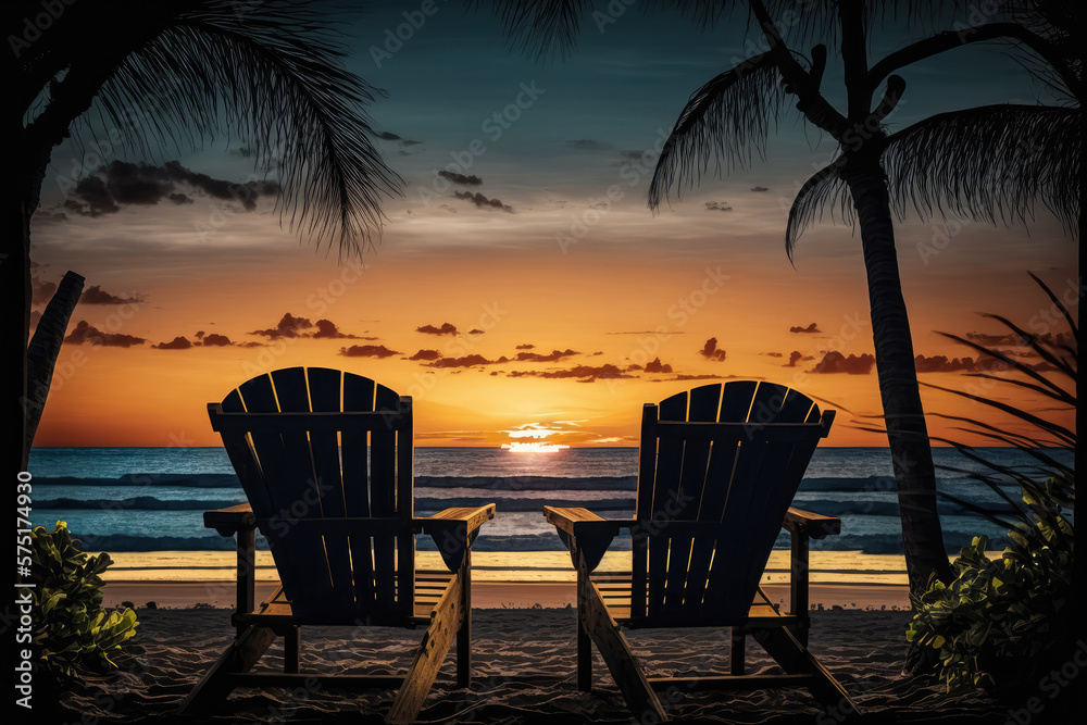tropical beach with two chairs and a breathtaking sunset, generative ai