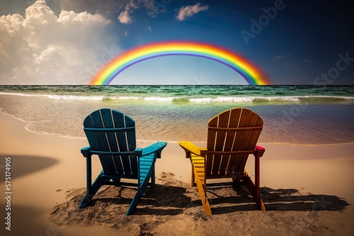 Two chairs on a peaceful beach with crystal-clear water and a rainbow, generative ai
