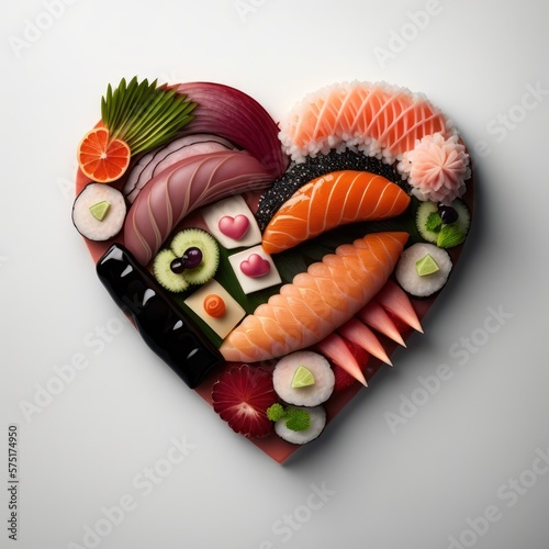 romantic sushi love, dinner for two, special occasion, heart shape sashimi, niguiro of lovers, GENERATIVE AI