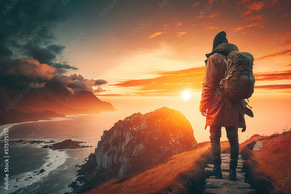 stylish backpacker standing in front of a stunning sunset over a cliff with a scenic view, generative ai stylish backpacker standing in front of a stunning sunset over a cliff with a scenic view, generative ai