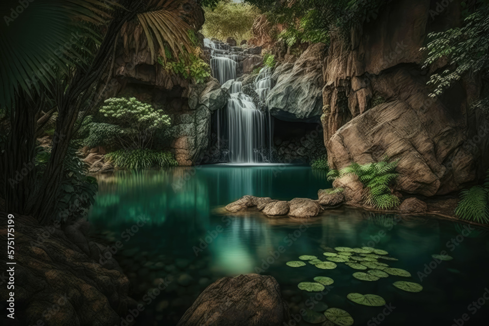 Fototapeta premium stunning view of a mesmerizing waterfall cascading down the rocks into a serene pond surrounded by lush greenery, generative ai