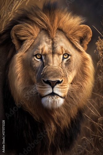 Portrait of a lion isolated on black illustrated using generative Ai