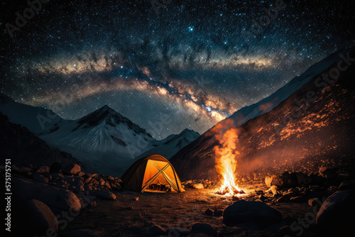 Mountainside camping under the stars with a bonfire, generative ai