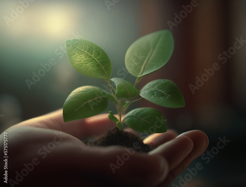nurturing a new life, hand holding small green plant, environmental conservation, generative AI