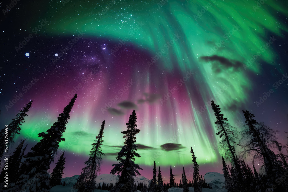 mesmerizing view of the Northern Lights, with vibrant green and purple hues dancing across a starry night sky, generative ai