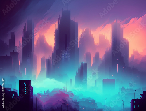 Abstract background of a minimalist cityscape landscape filled with fogy clouds, neon lights, reflections.
