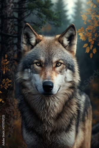 Wolf portrait in the woods illustrated using generative Ai