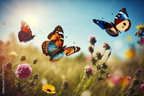 Colorful Butterflies Flying in a Springtime or Summertime Field Filled With Flowers, Created by Generative AI Technology,