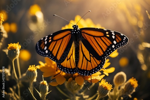 Monarch Butterflies in a Springtime or Summertime Field Filled With Flowers, Created by Generative AI Technology, © Brian