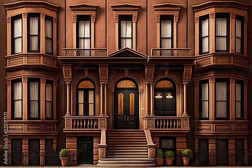 View of Facade of a Traditional Brownstone Apartment Building, Created by ...