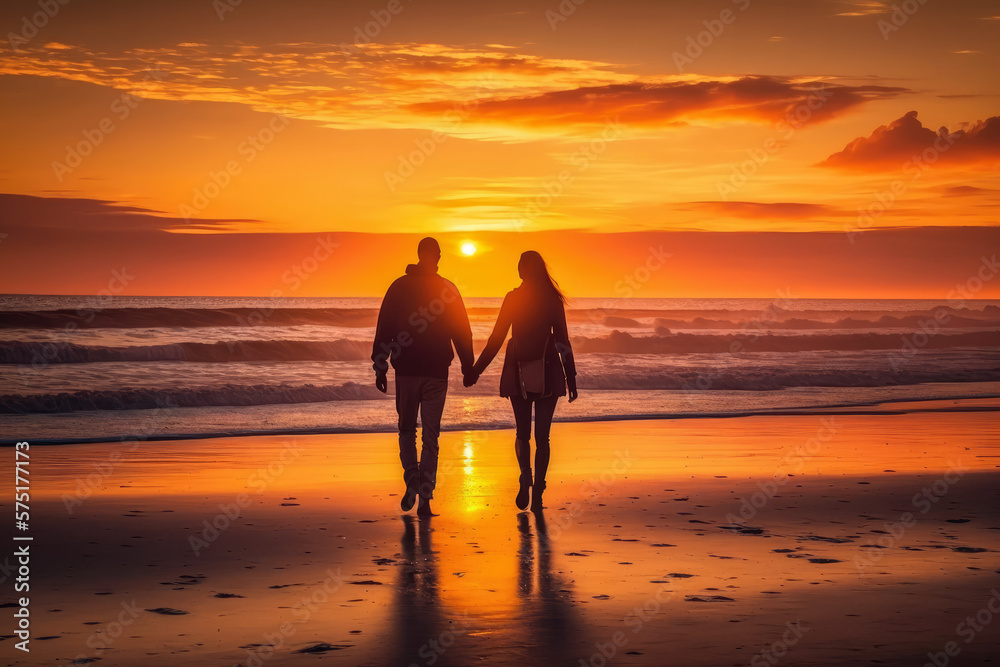 couple take a romantic walk on the beach during a stunning sunset, generative ai